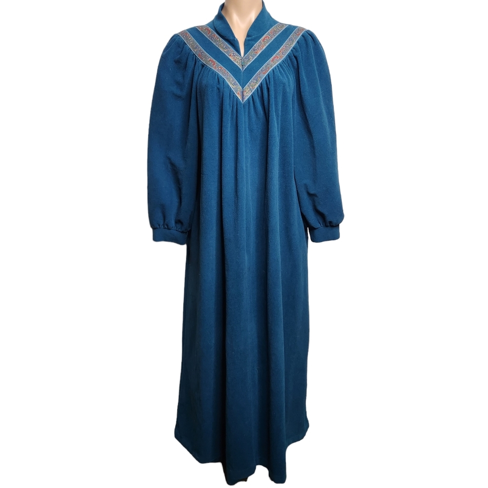 Vintage Vanity Fair Velour Robe House Dress Size M Long Sleeve Teal Blue